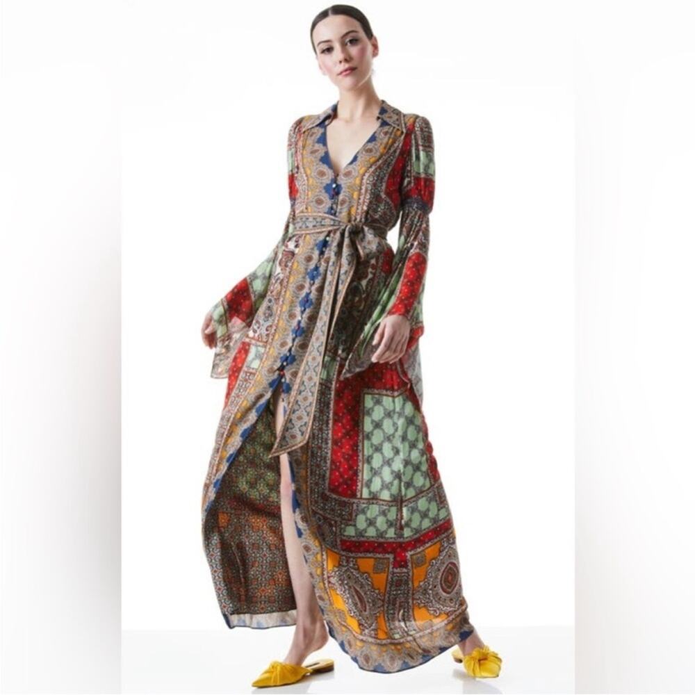 Alice + Olivia Jaylen Mix Scarf Print Handkerchief Sleeve Maxi Dress S